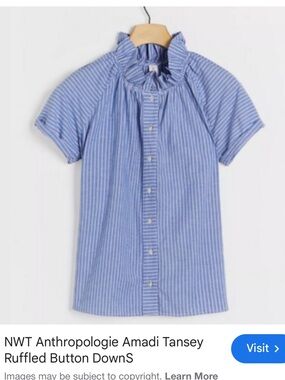 Anthropologie Light Blue Striped Ruffle Collar Button-Front Top